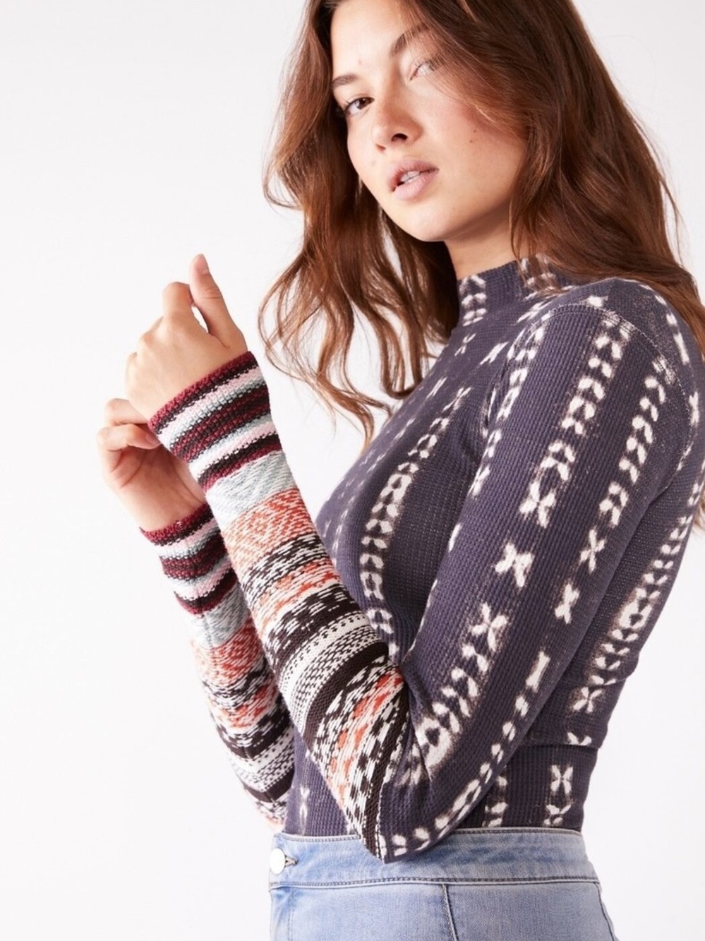 Free People Wonderful Swit Thermal Knit Cuff Top Small Charcoal Tribal Boho Fall